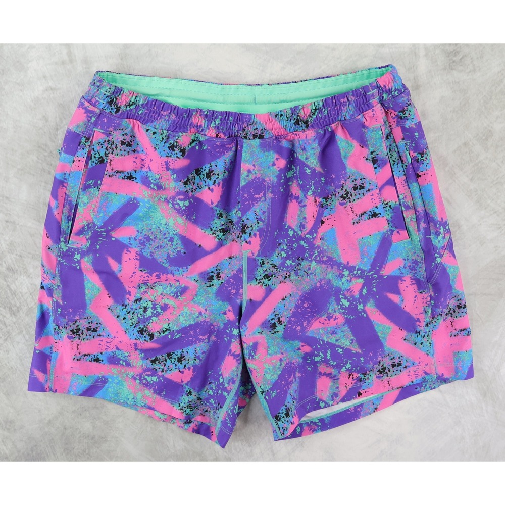 Birddogs Baysiders Shorts Mens L Purple Pink Teal Abstract Lined Athletic 7.5"